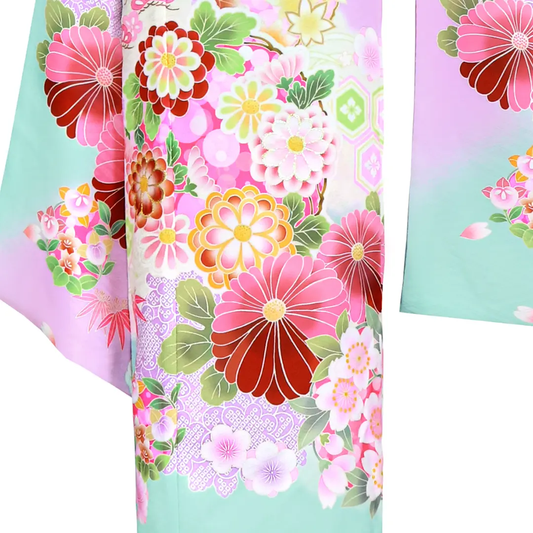 508ag91□七五三 七歳 女児 着物&丸帯 花文様 青□美品 七五三 7歳 四つ身着物フルセット ブランド Shikibu Roman 式部