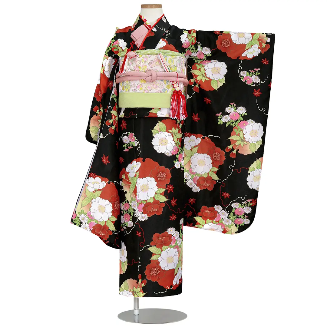 七五三七歳 着物 花柄 黒色 七五三 着物 レンタル 7歳 女の子 【黒のしめ花輪】 7歳 七五三