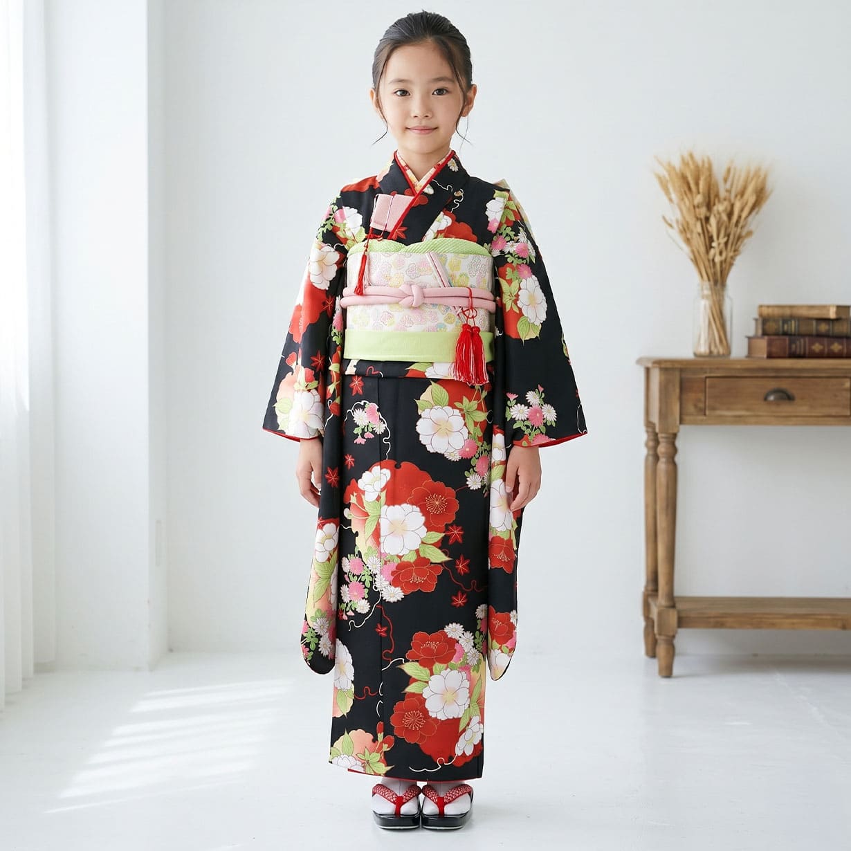黒地に雪輪と桜の着物（白帯に黄緑）／七五三・七歳女の子 | 宅配着物