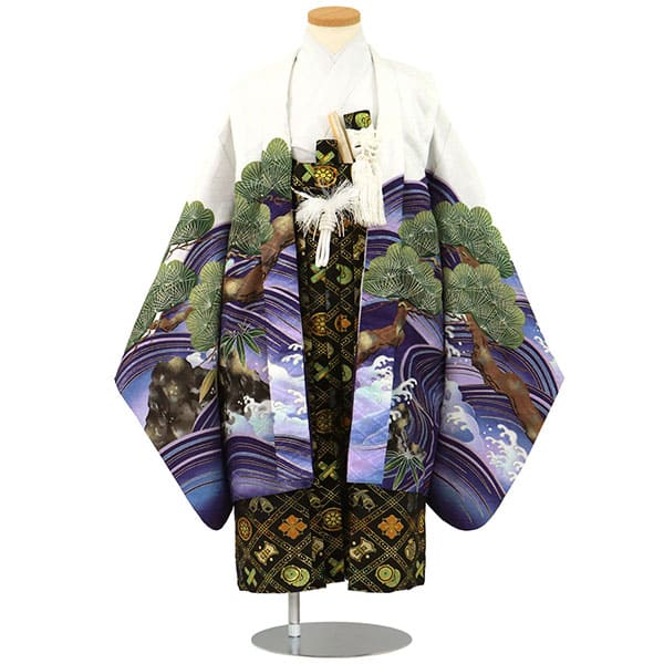 白地に鷹と波・松、黒の袴／七五三・五歳男の子・袴 | 宅配着物