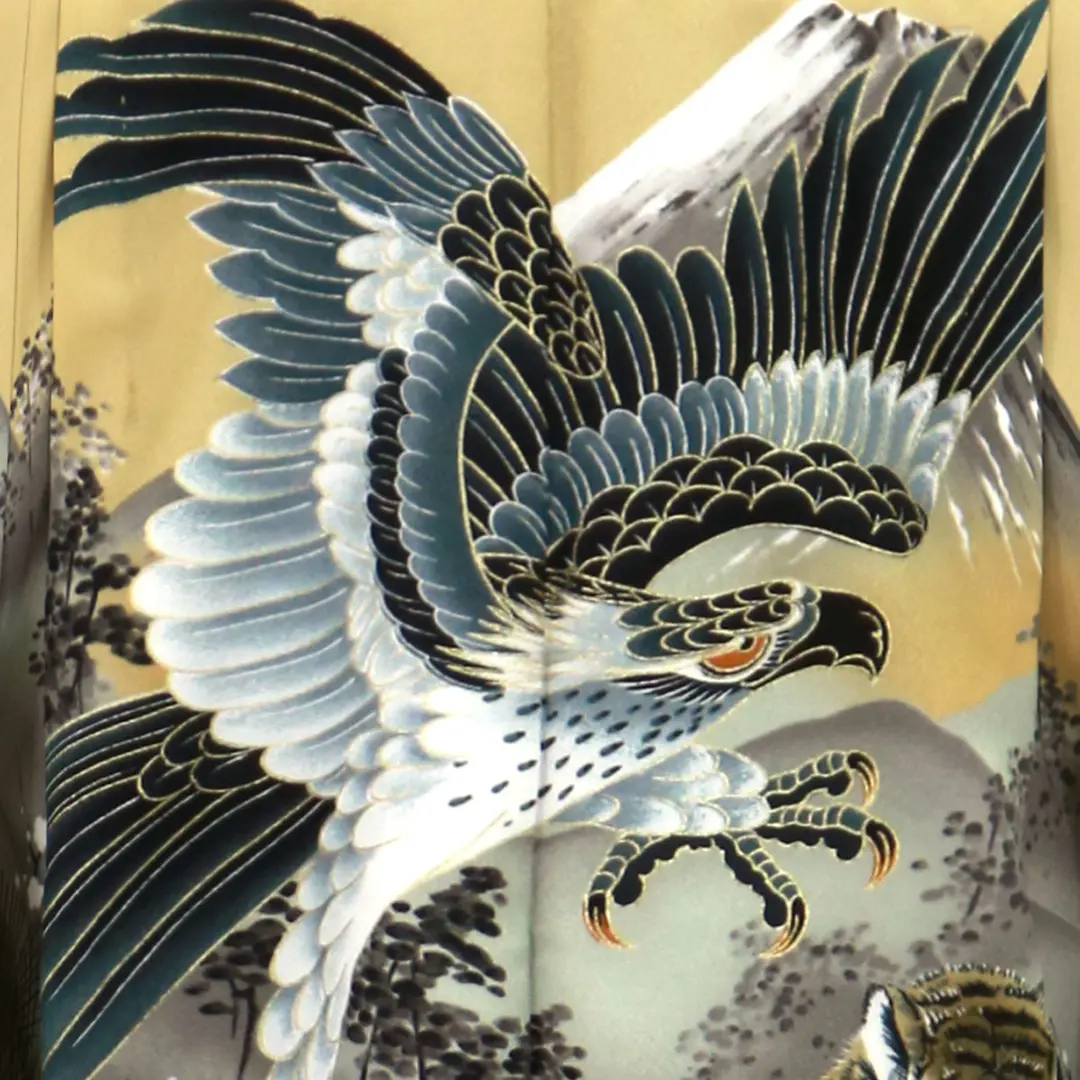 黒地に鷹と虎と鶴、黒の袴／七五三・五歳男の子・袴 | 宅配着物