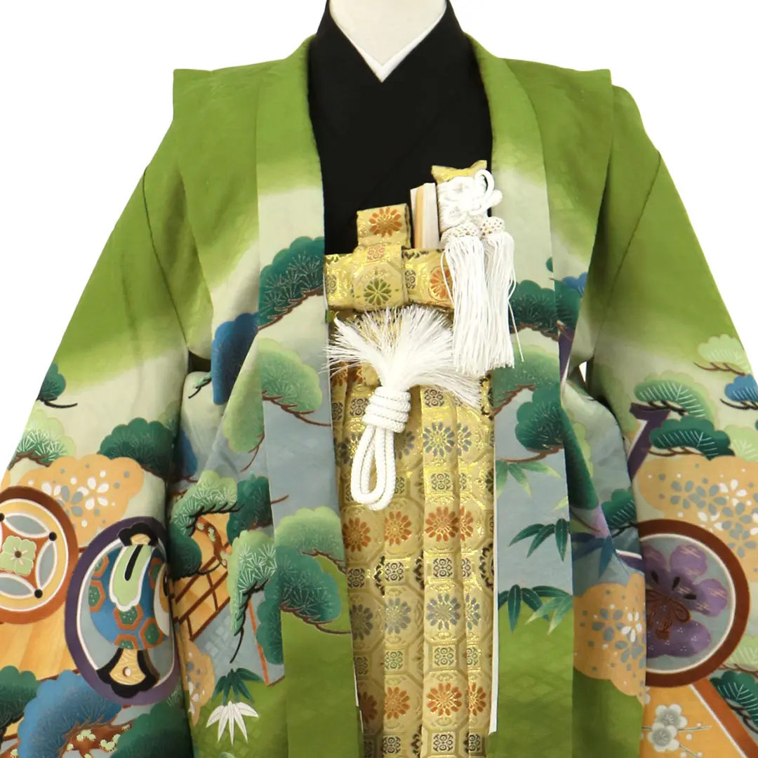 七五三 五歳 男児 羽織袴フルセット M寸 黄緑 兜 袴変更可能 NO37831 七五三 五歳 男児 羽織袴フルセット M寸 黄緑 兜 袴変更可能 NO37831