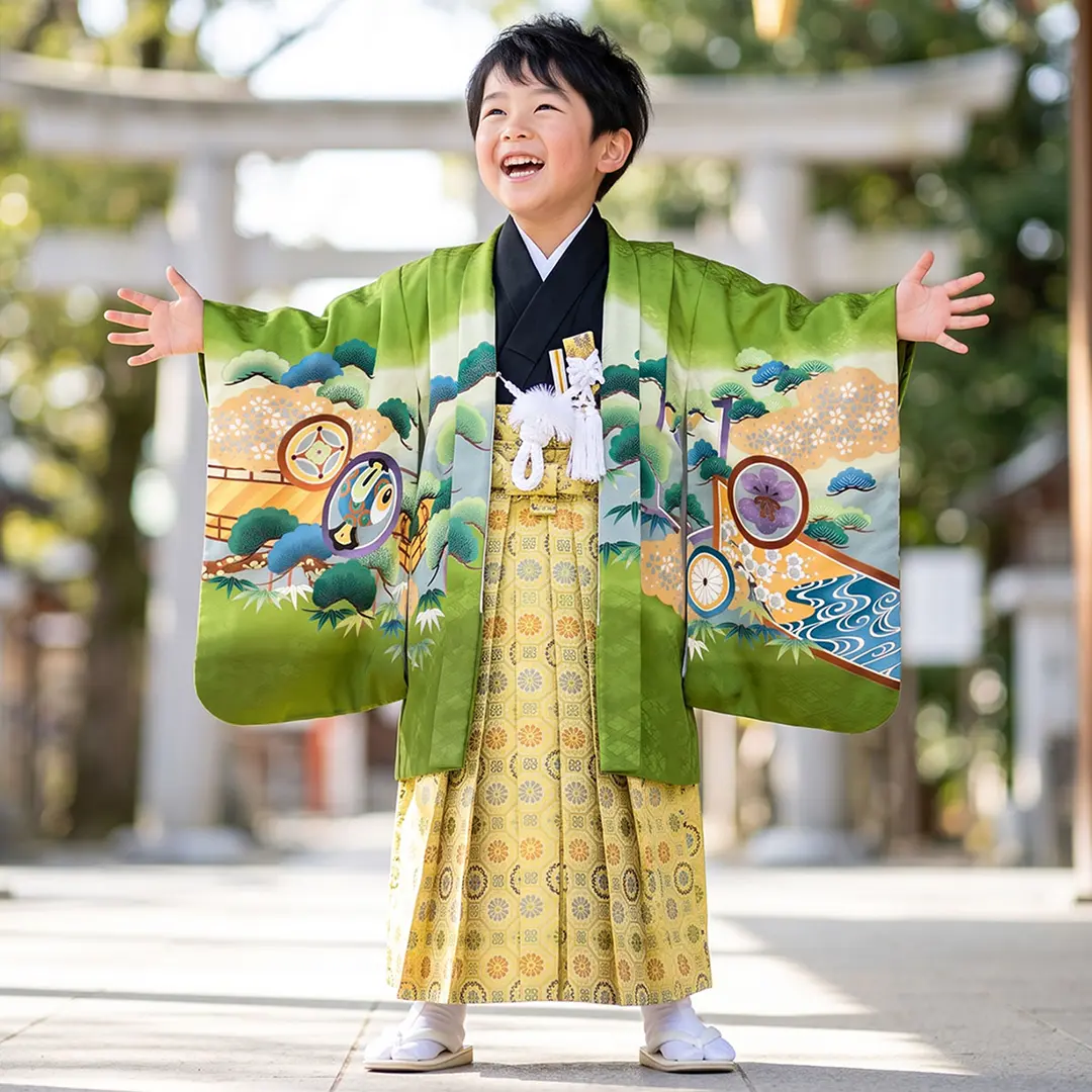 青色と金色の着物 水干 袴 扇子 烏帽子 セット 抹茶色に兜と衝立、金襴の袴／七五三・五歳男の子・袴 | 宅配着物