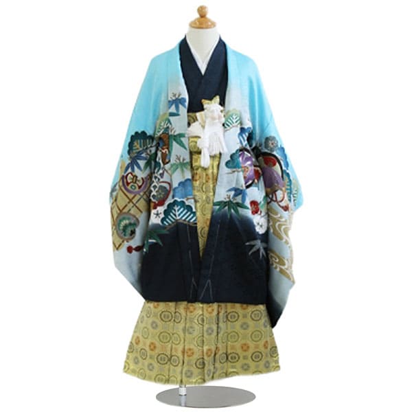 水色地に鷹と宝尽くし、金襴の袴／七五三・五歳男の子・袴 | 宅配着物