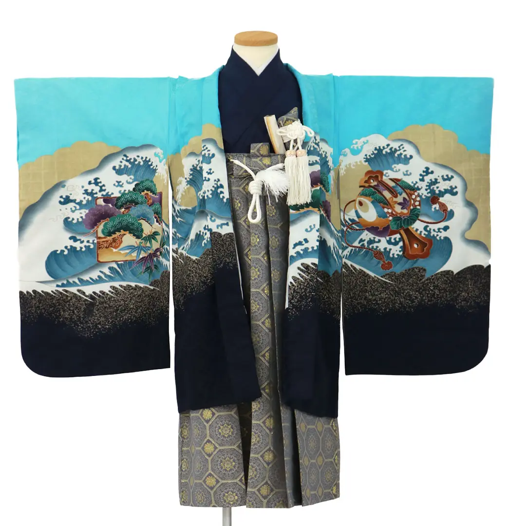 水色地に鷹と富士、藍鼠の袴／七五三・五歳男の子・袴 | 宅配着物