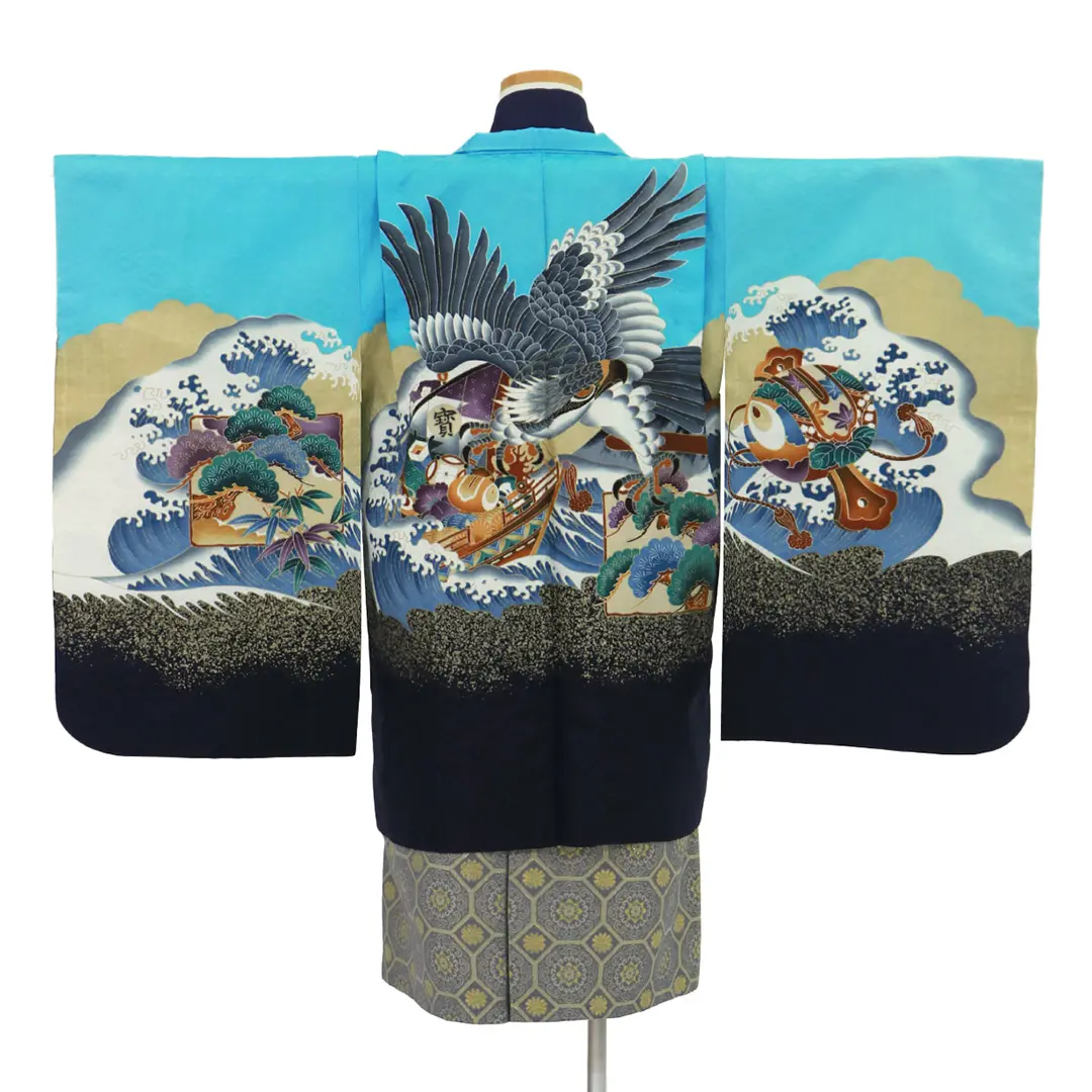 水色地に鷹と富士、藍鼠の袴/七五三・五歳男の子・袴 | 宅配着物 水色地に鷹と富士、藍鼠の袴/七五三・五歳男の子・袴 | 宅配着物