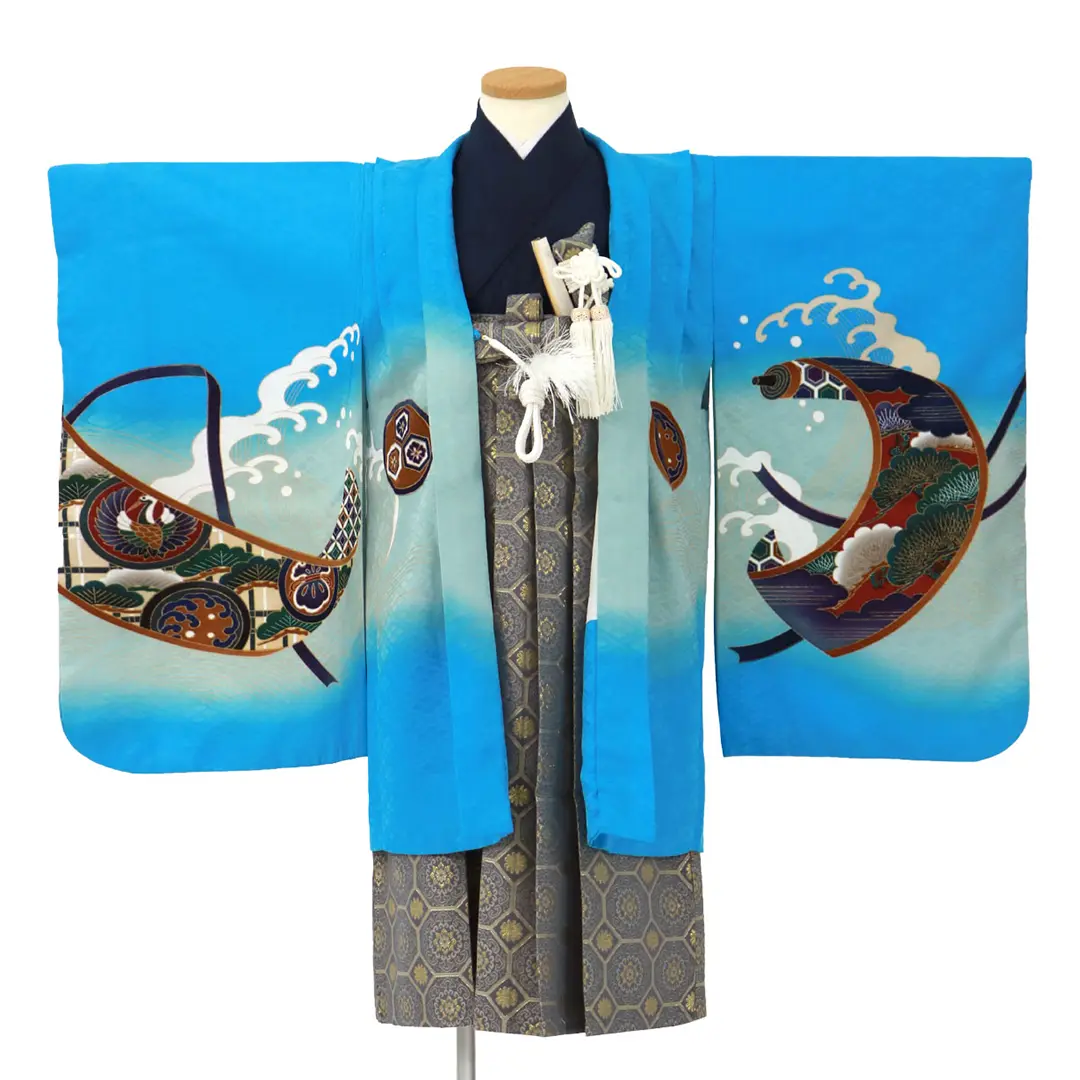 水色に鷹と巻物、藍鼠の袴／七五三・五歳男の子・袴 | 宅配着物