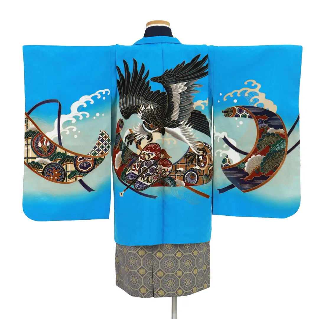 水色に鷹と巻物、藍鼠の袴／七五三・五歳男の子・袴 | 宅配着物