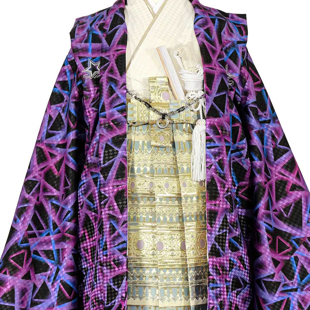 紫地に幾何学模様、白金の袴／七五三・五歳男の子・袴 | 宅配着物