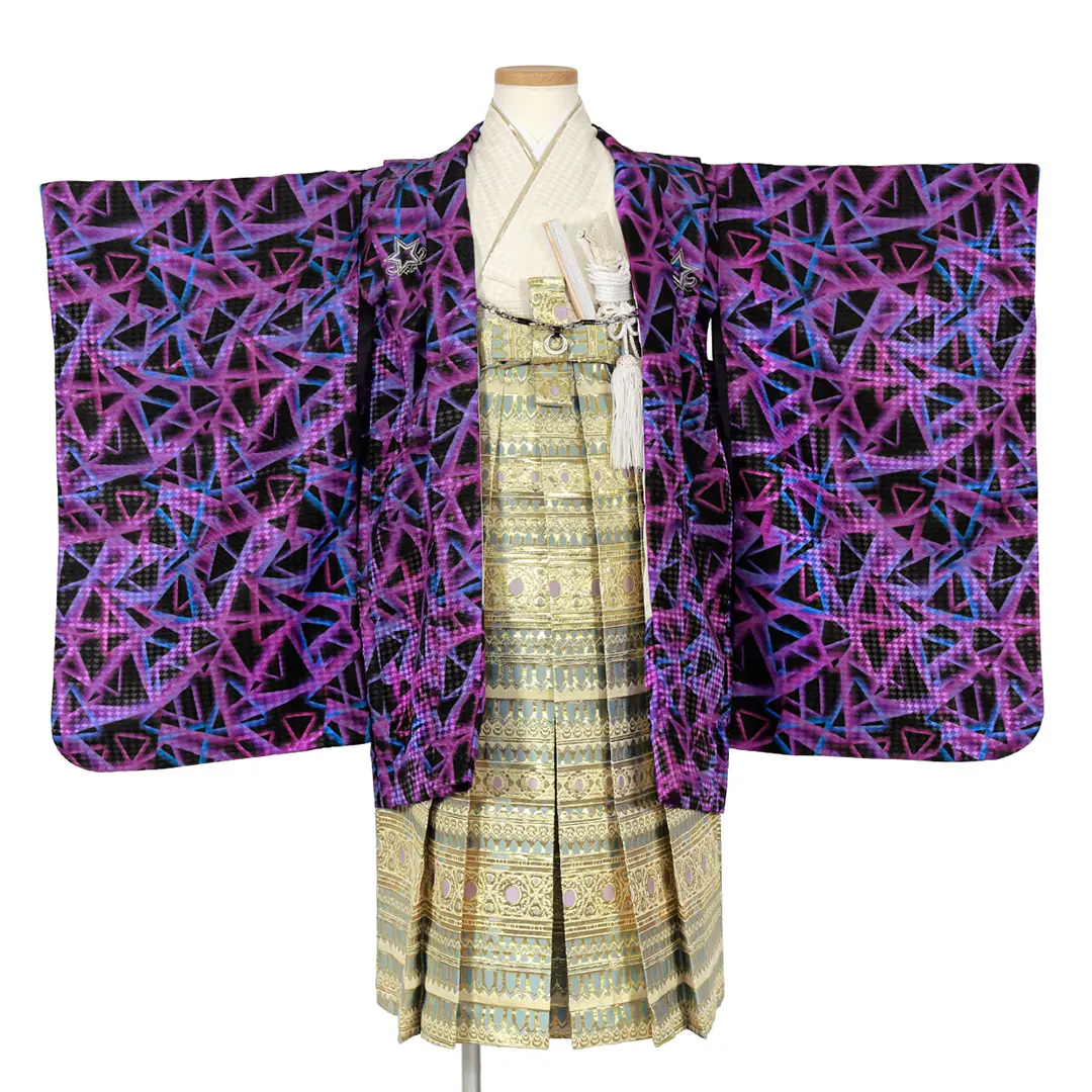 紫地に幾何学模様、白金の袴／七五三・五歳男の子・袴 | 宅配着物