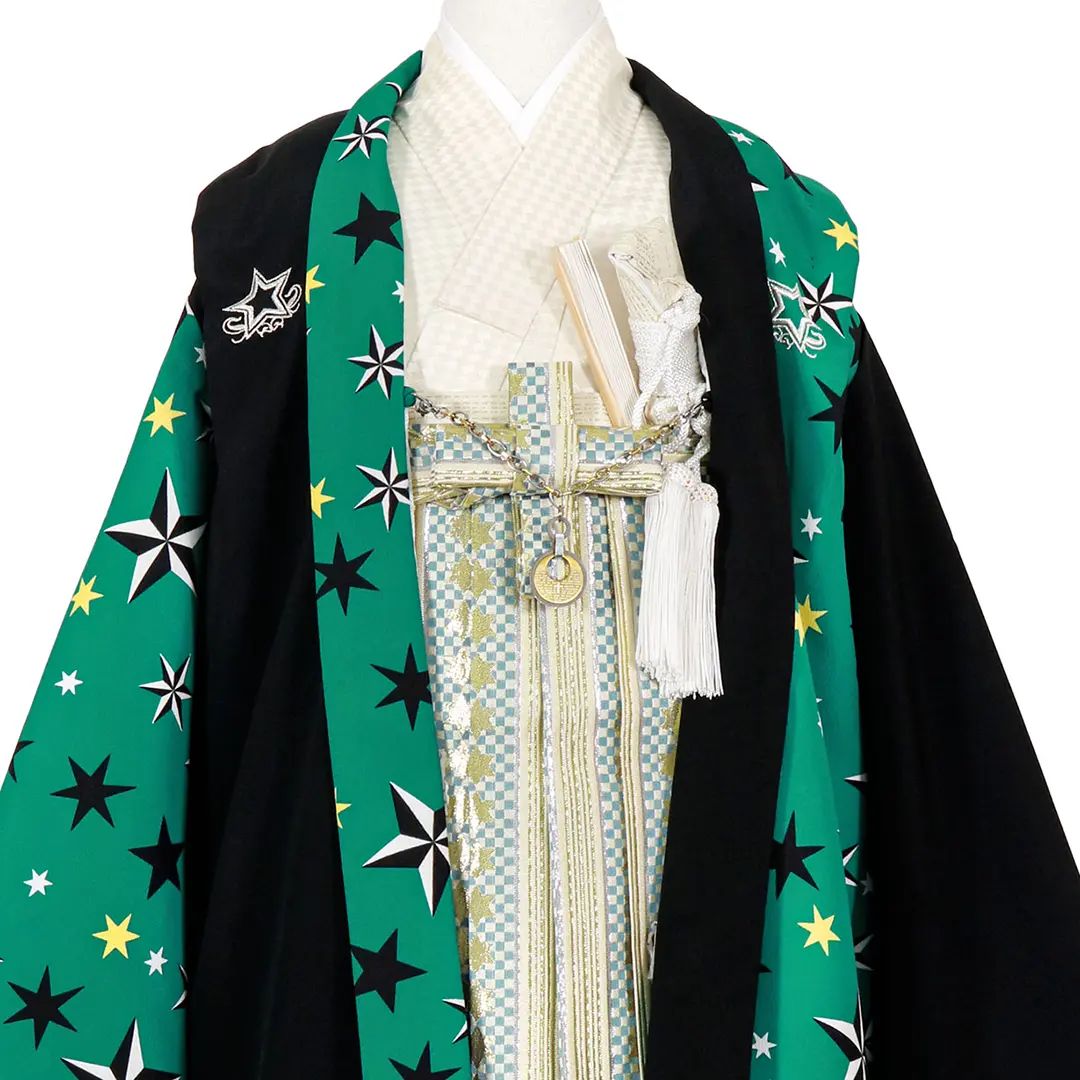 緑と黒に星柄の片身替わり、白金の袴／七五三・五歳男の子・袴 | 宅配