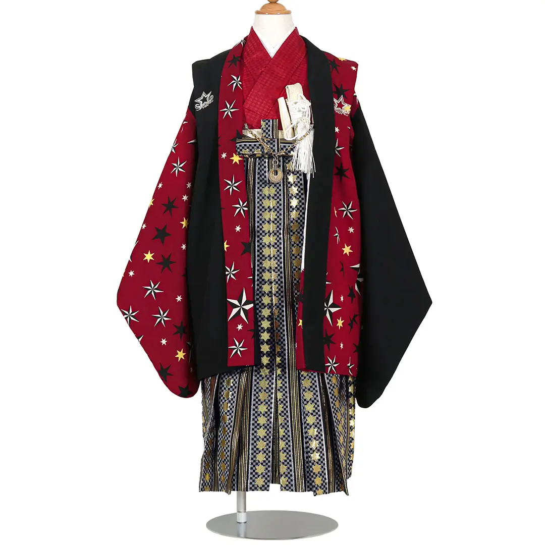 赤と黒に星柄の片身替わり、黒金の袴／七五三・五歳男の子・袴