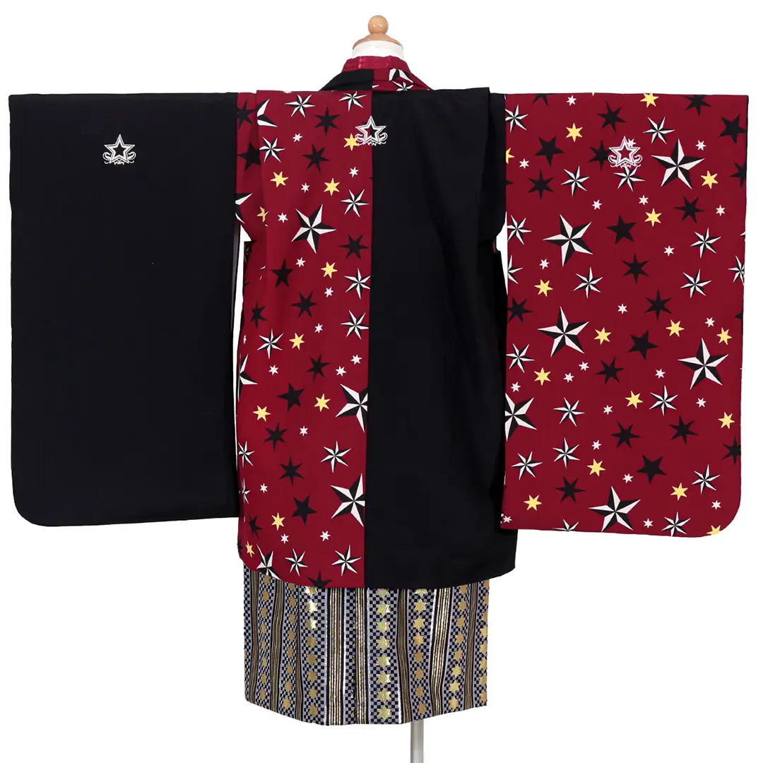赤と黒に星柄の片身替わり、黒金の袴／七五三・五歳男の子・袴 | 宅配