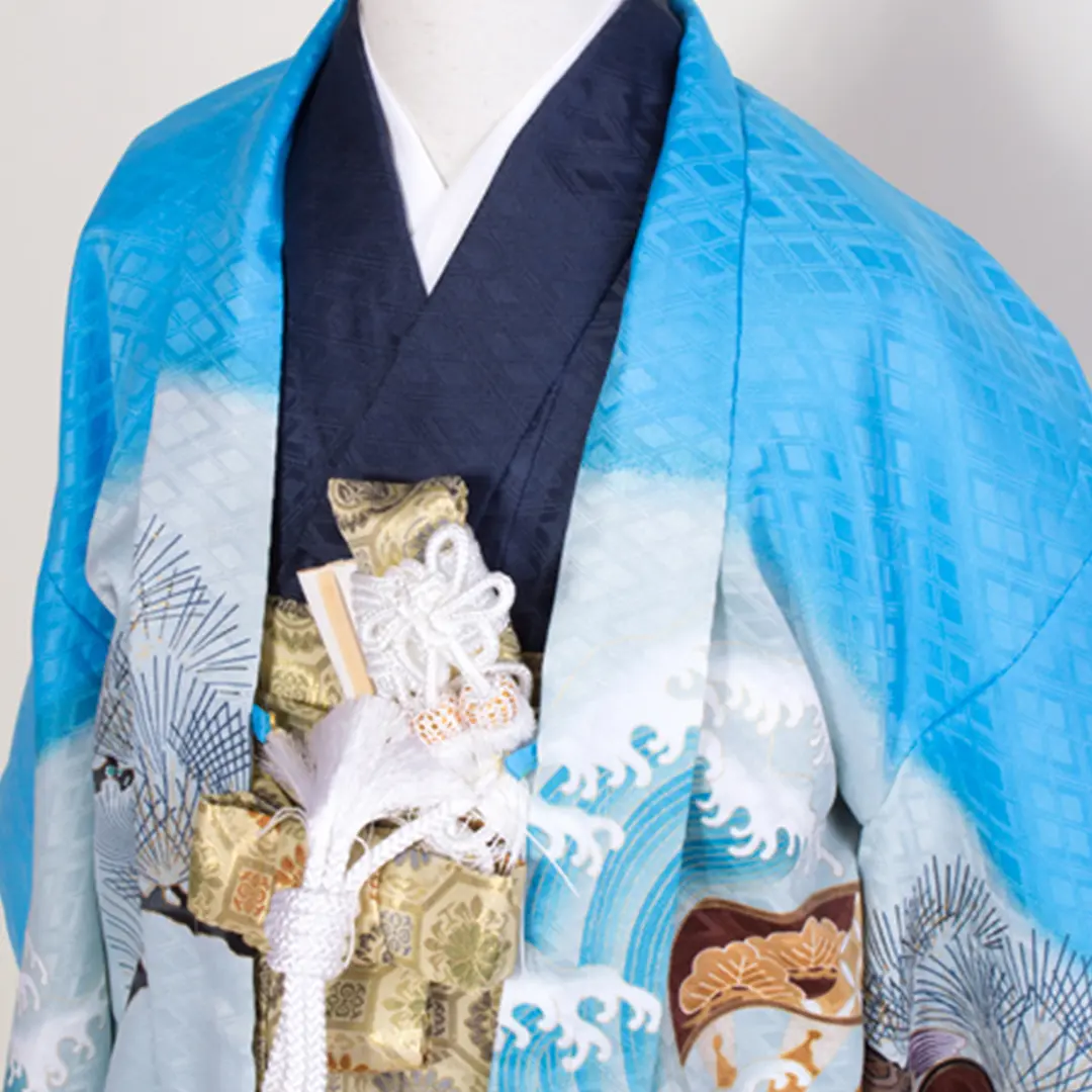 水色に兜と松・波、金襴の袴／七五三・五歳男の子・袴 | 宅配着物