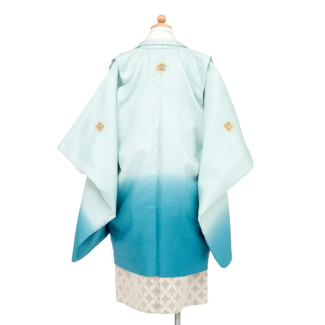 空色のグラデーションの紋付、白グレーの七宝柄の袴／七五三・五歳