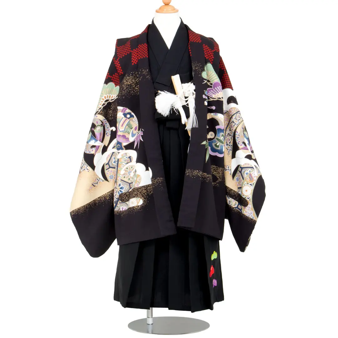 薄墨地に市松と鷹／小さめサイズ／七五三・五歳男の子・袴／正面