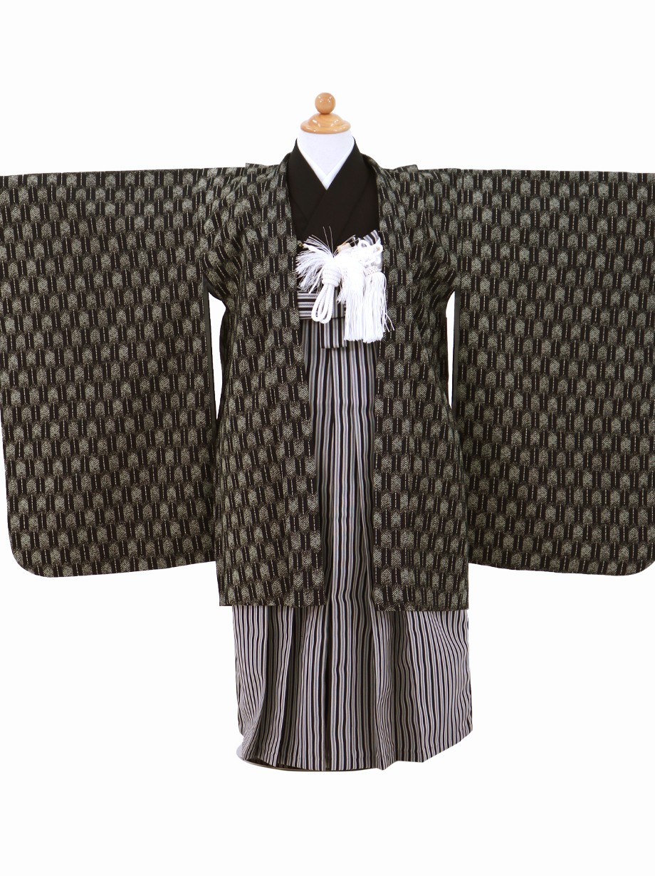 黒地に矢羽柄の羽織、黒縞の袴／七五三・五歳男の子・袴 | 宅配着物