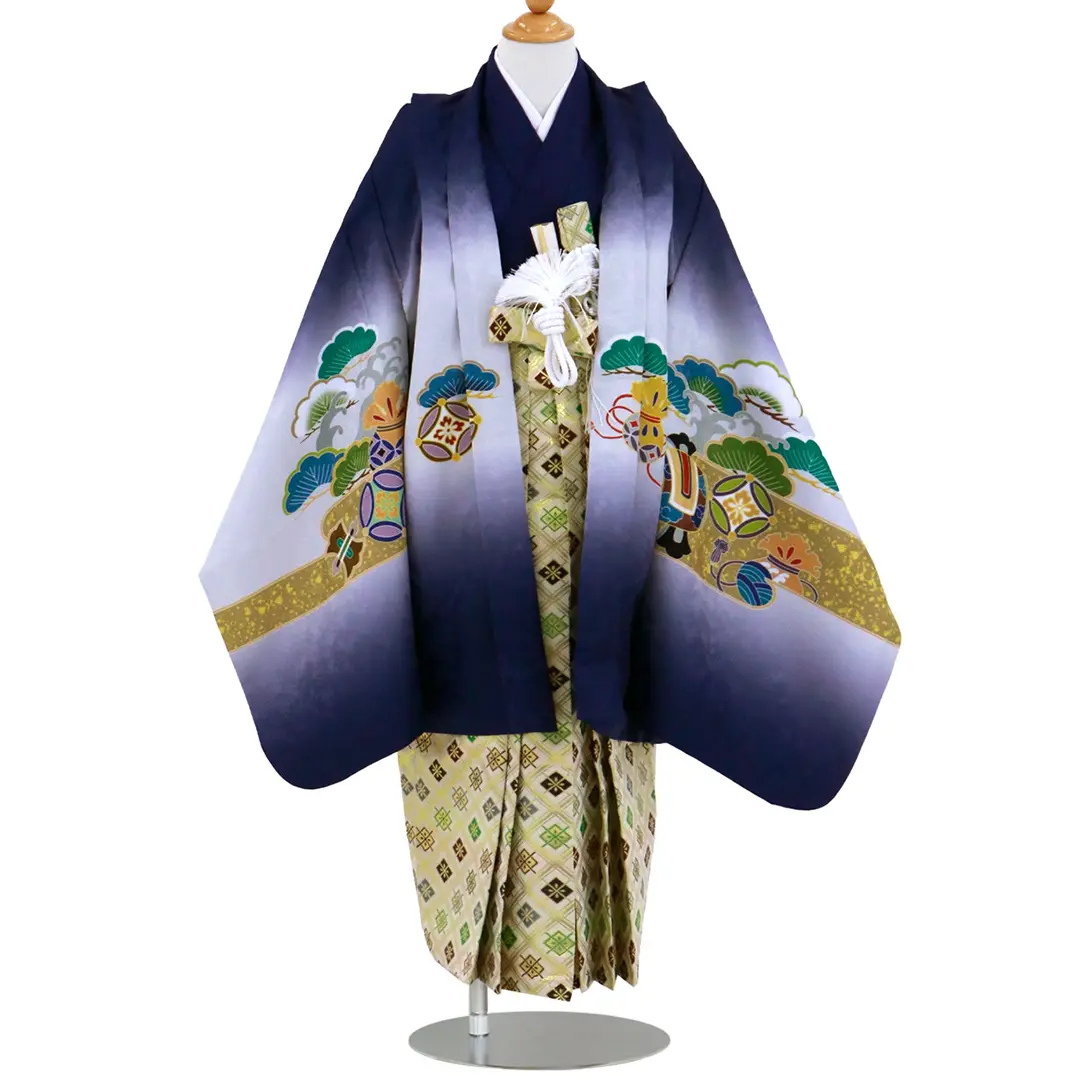 濃い青色地に宝船、菱の袴／七五三・五歳男の子・袴／正面