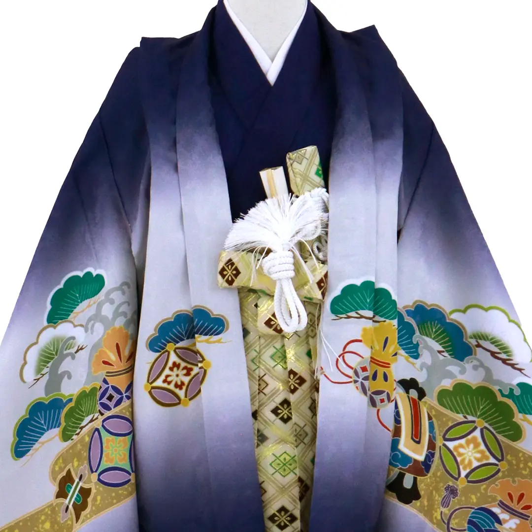 濃い青色地に宝船、菱の袴／七五三・五歳男の子・袴／衿元詳細
