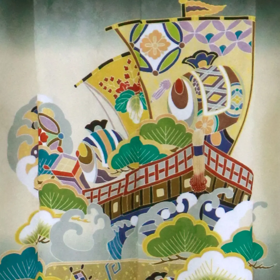 黒地に宝船、金襴の袴／七五三・五歳男の子・袴／背中の柄詳細