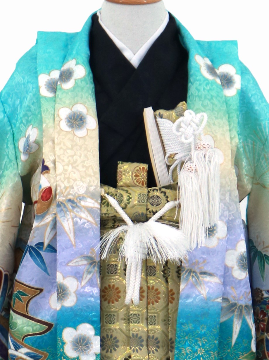 ミントグリーン地に兜と束ね熨斗、金襴の袴／小さめサイズ