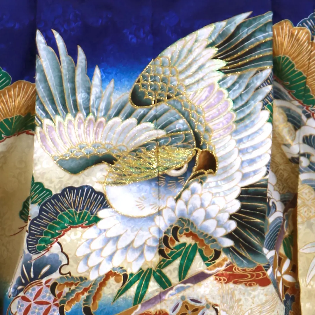 青色 鷹と松の刺繍 着物 青地に鷹と松、紺縞の袴／小さめサイズ／七五三・五歳男の子・袴