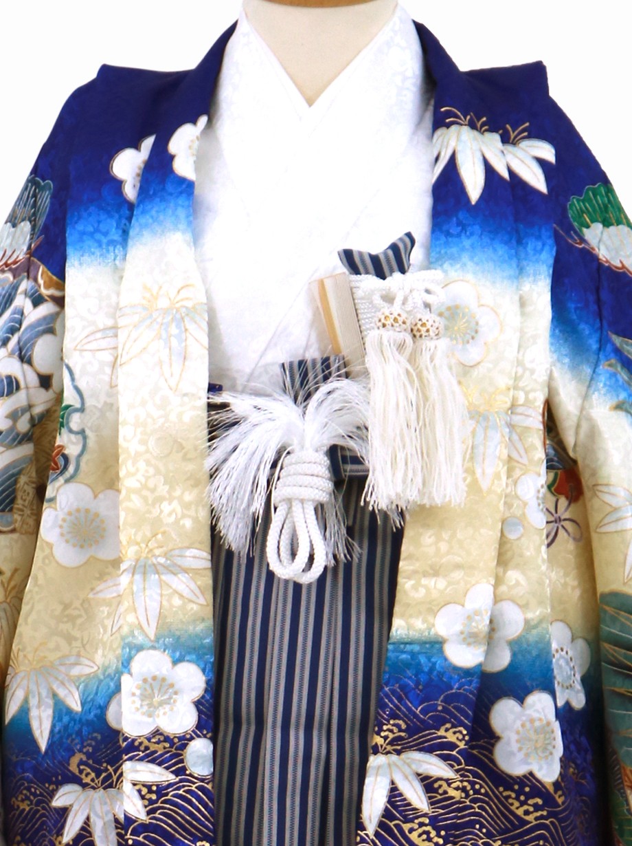 青地に鷹と松、紺縞の袴／小さめサイズ／七五三・五歳男の子・袴