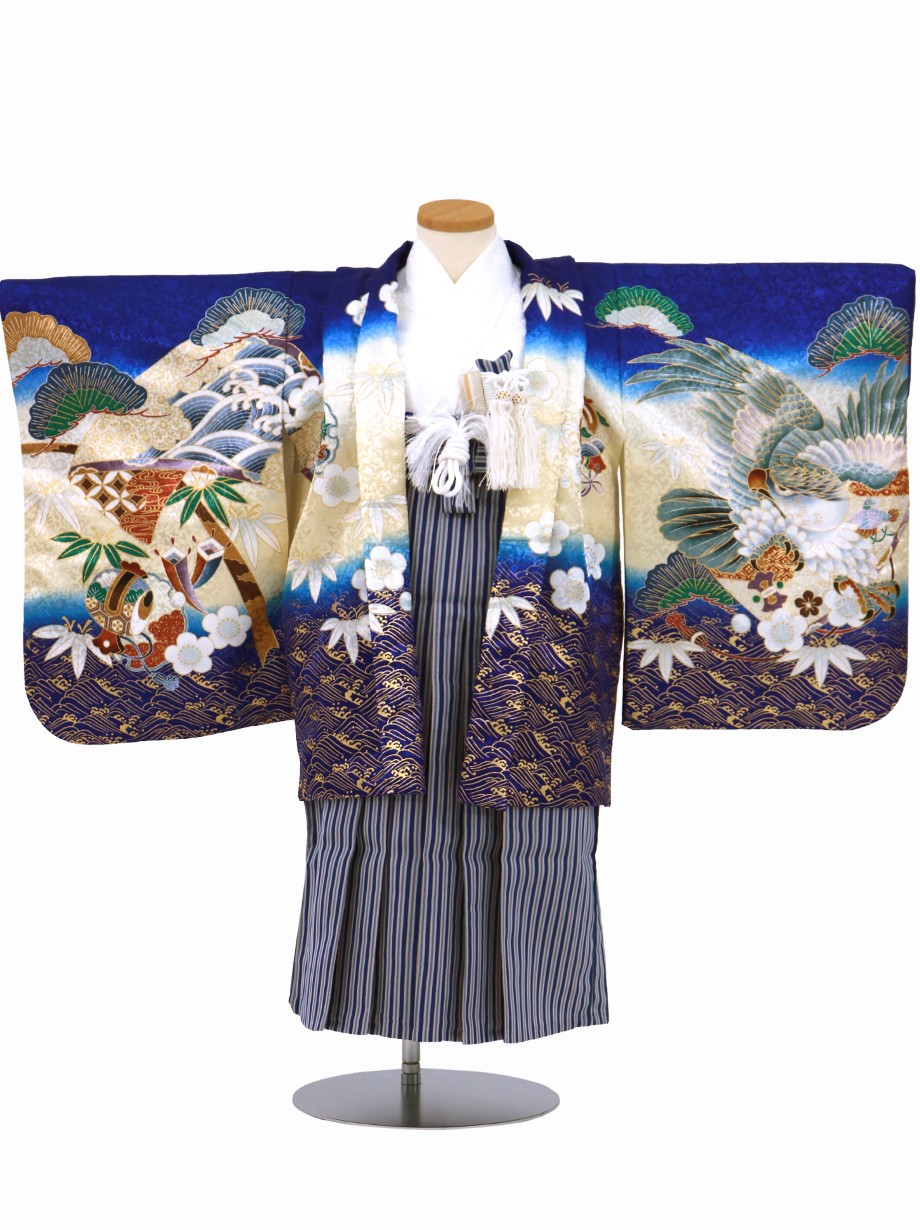 青地に鷹と松、紺縞の袴／小さめサイズ／七五三・五歳男の子・袴