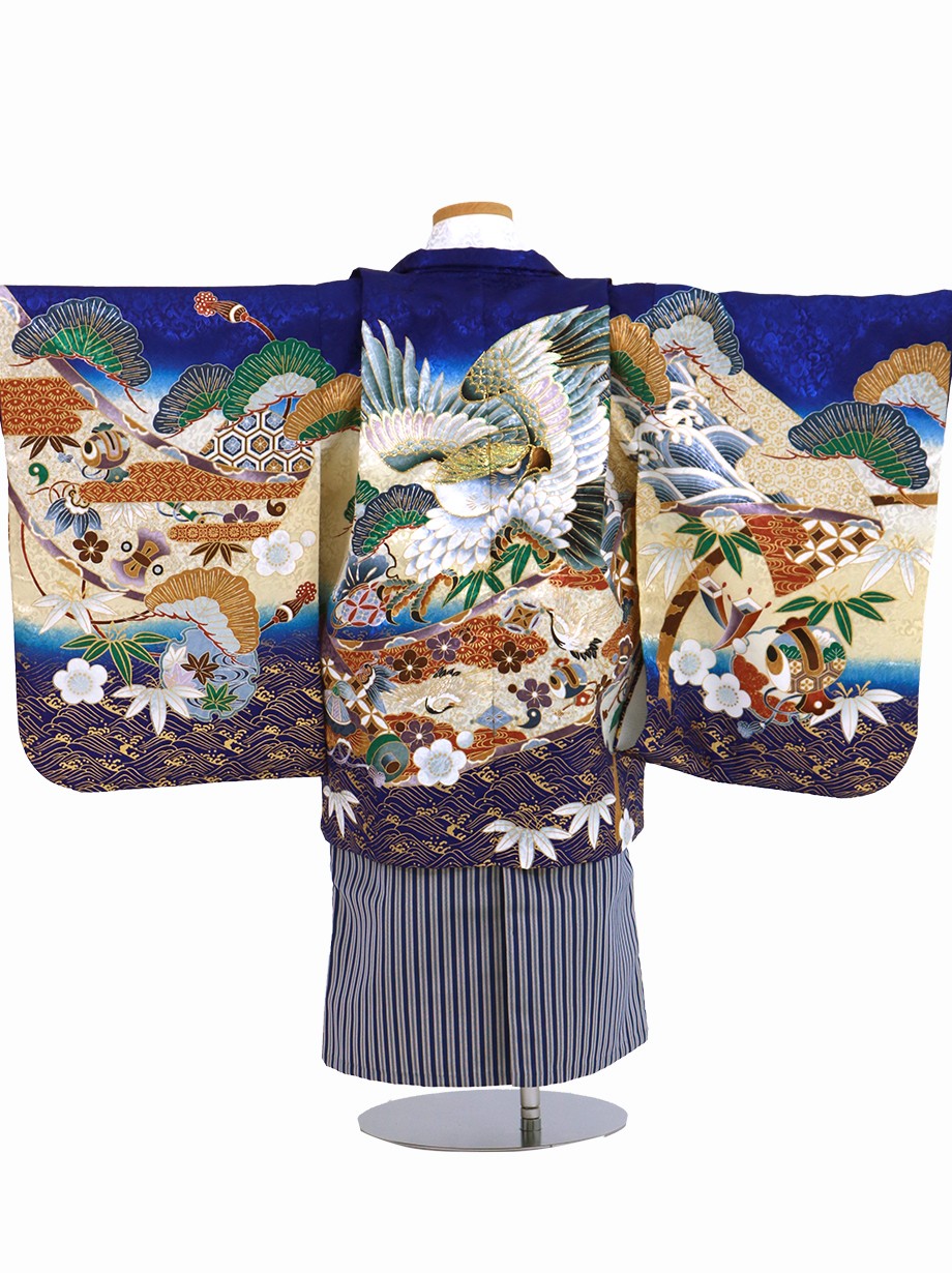 青地に鷹と松、紺縞の袴／小さめサイズ／七五三・五歳男の子・袴