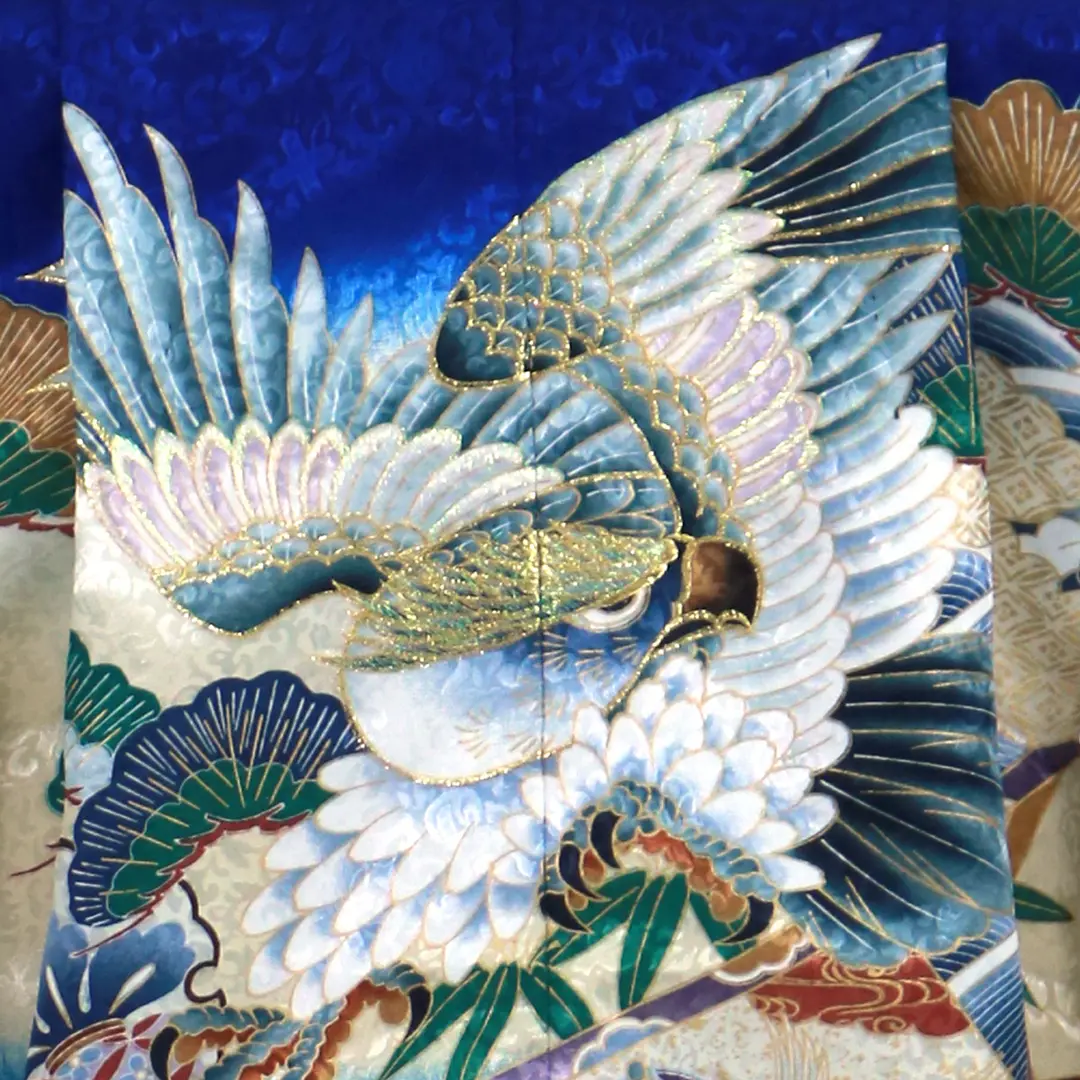 青地に鷹と松、藍鼠の袴／小さめサイズ／七五三・五歳男の子・袴