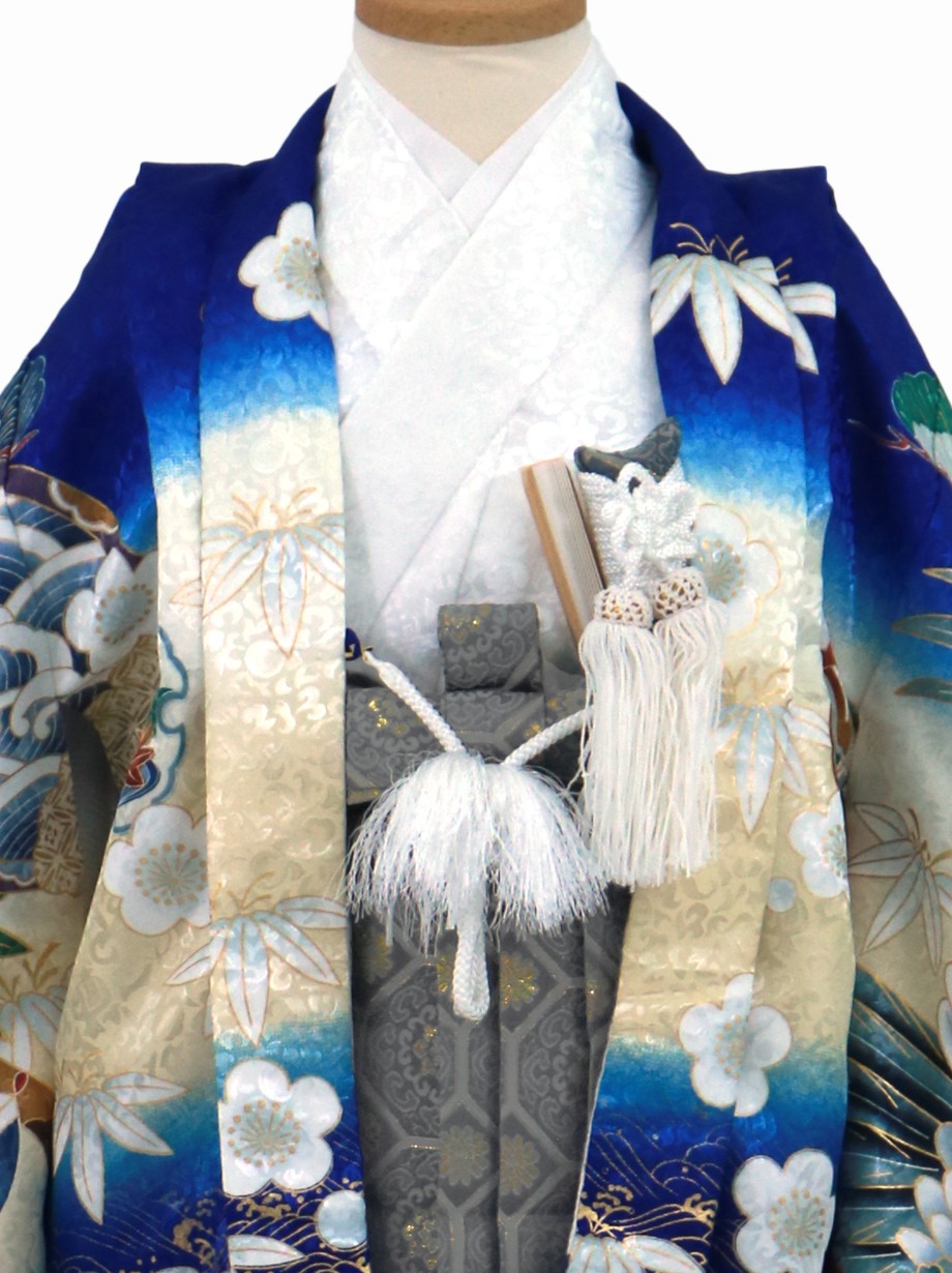 七五三 5歳 男児 藍白地に鷹と松 青地に鷹と松、藍鼠の袴／小さめサイズ／七五三・五歳男の子・袴