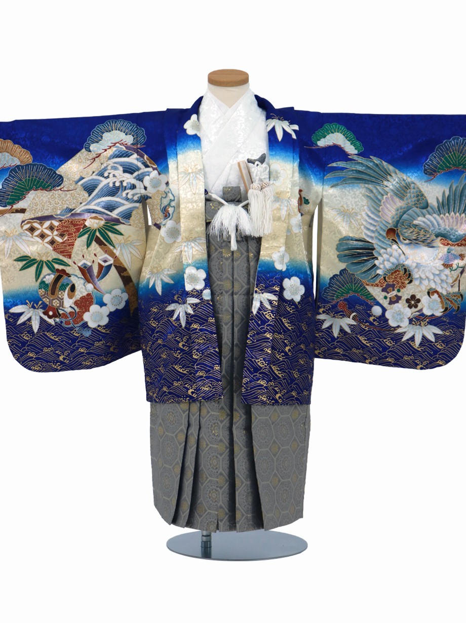 七五三 5歳 男児 藍白地に鷹と松 青地に鷹と松、藍鼠の袴／小さめサイズ／七五三・五歳男の子・袴