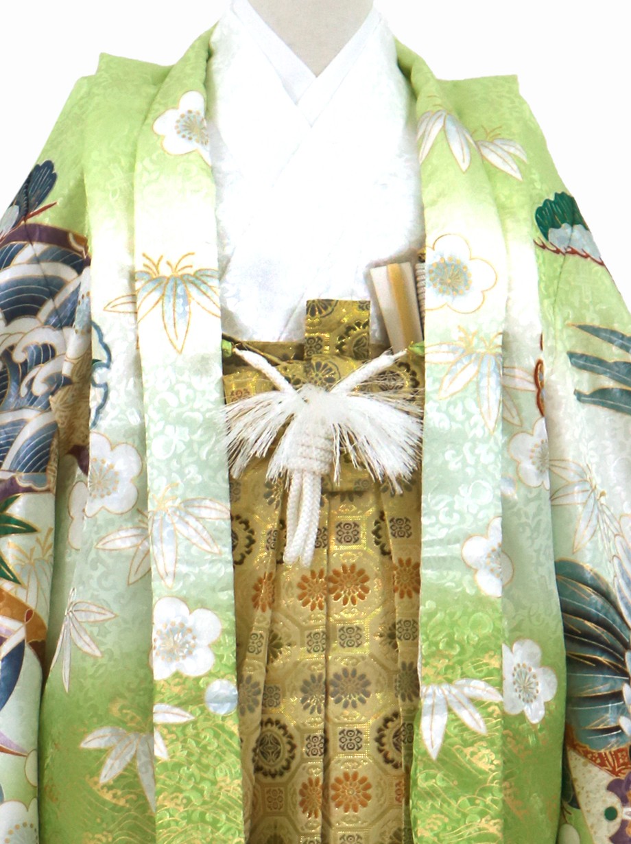 抹茶地に鷹と松、金襴の袴／小さめサイズ／七五三・五歳男の子・袴