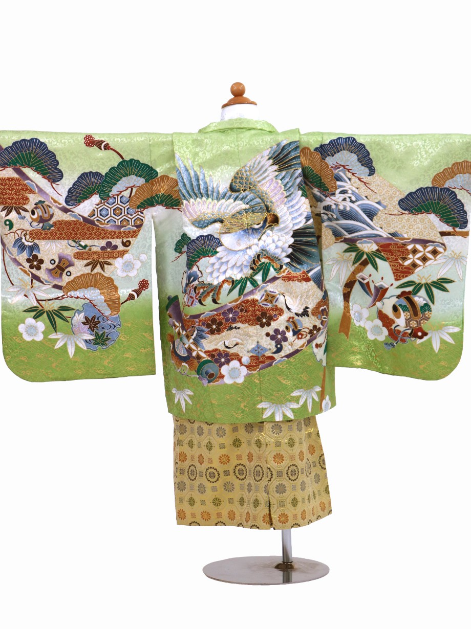 抹茶地に鷹と松、金襴の袴／小さめサイズ／七五三・五歳男の子・袴