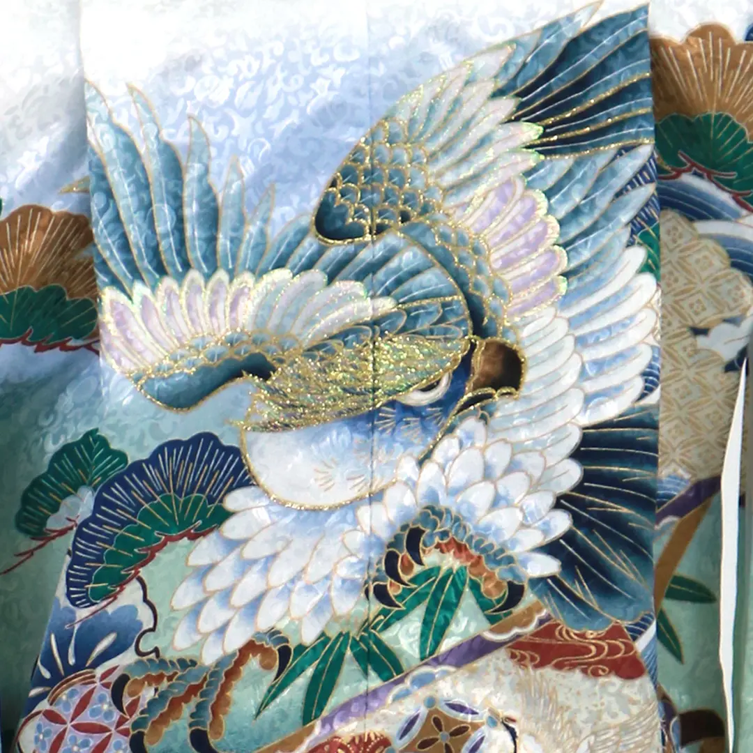 青色 鷹と松の刺繍 着物 白地に鷹と松、藍鼠の袴／小さめサイズ／七五三・五歳男の子・袴