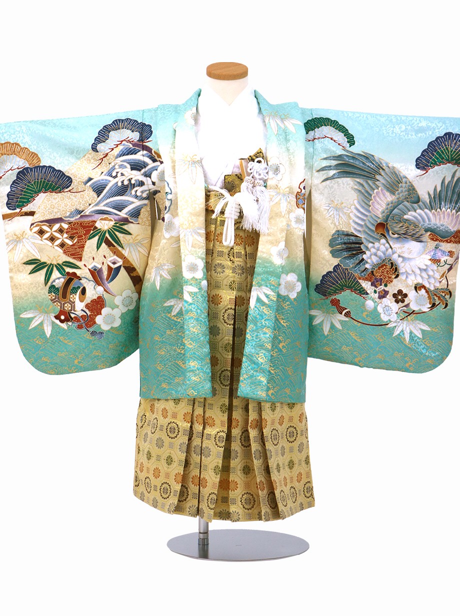 アイスグリーンに鷹と松、金襴の袴／小さめサイズ／七五三・五歳男の子・袴