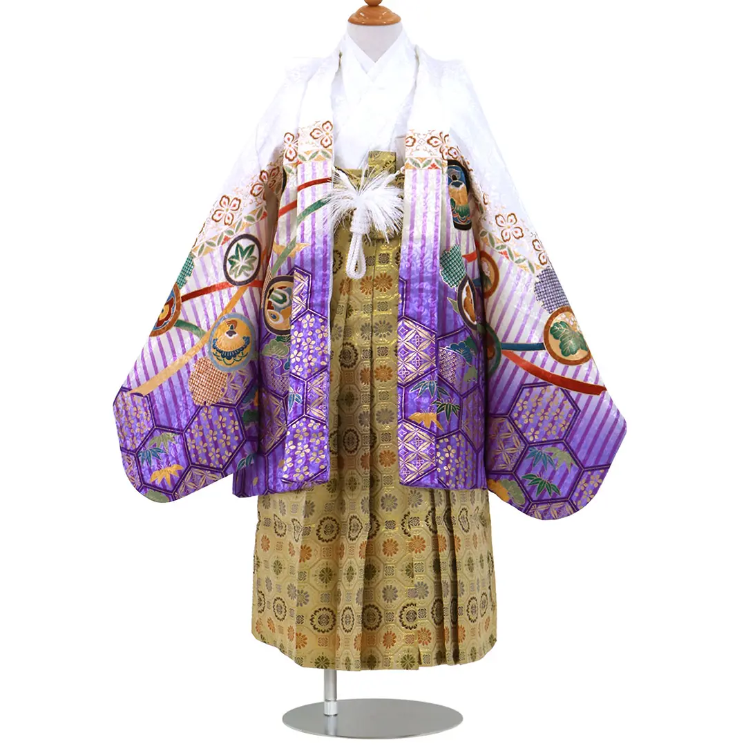 5歳◎七五三男の子・羽織・着物・袴・小物類・龍 白と紫の地に龍と兜、金襴の袴／小さめサイズ／七五三・五歳