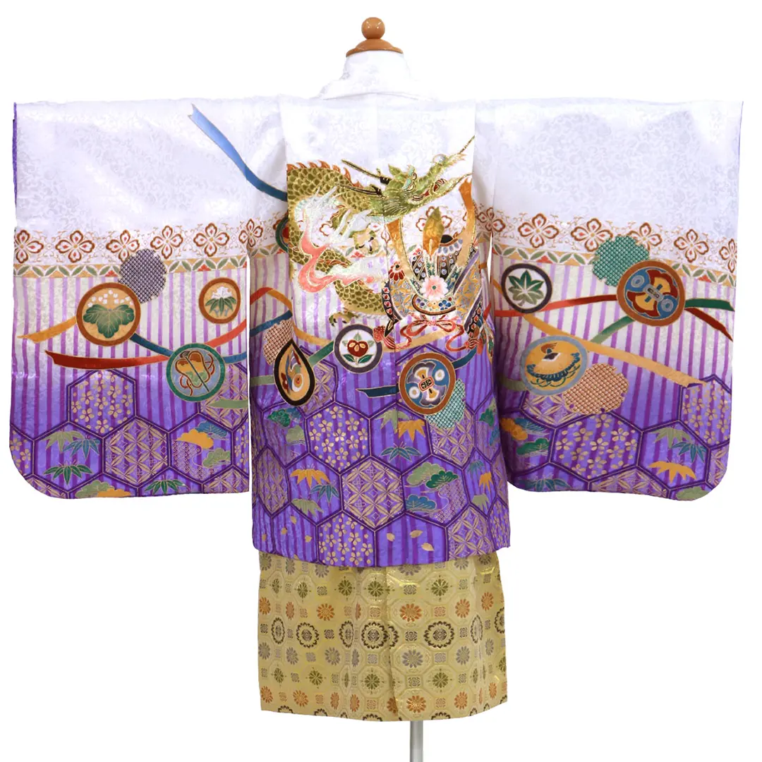 5歳から7歳サイズ　七五三　羽織　袴セット　紫 七五三 着物 男の子 五歳 13点フルセット 光 鷹 太鼓 紫 羽織袴