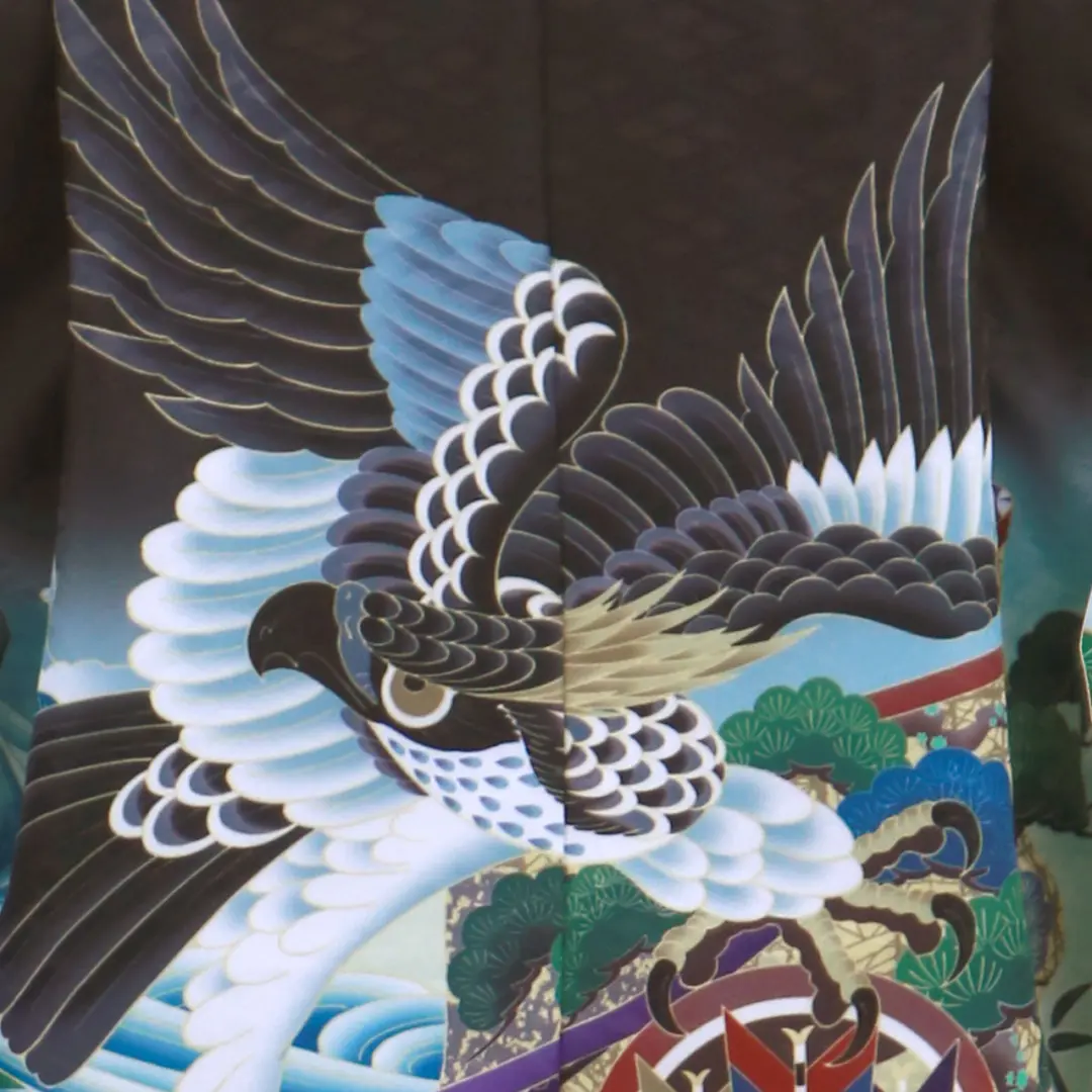 黒地に鷹と幔幕、黒縞の袴／七五三・五歳男の子・袴 | 宅配着物