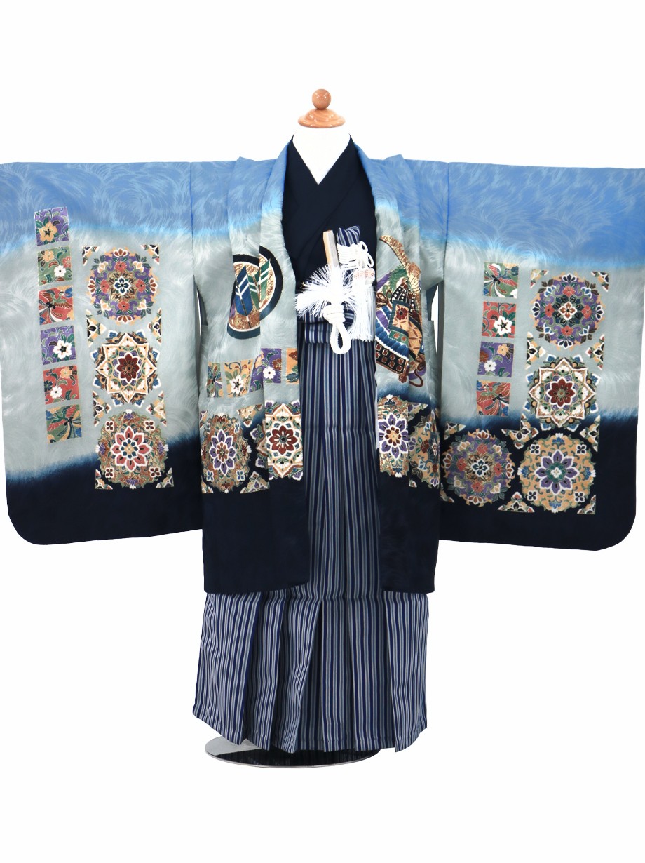 七五三 男の子用袴 三角紋様 ネイビー(青、紺)とグレー 青とグレー地に鷹と宝相華、紺縞の袴／七五三・五歳男の子・袴 | 宅配