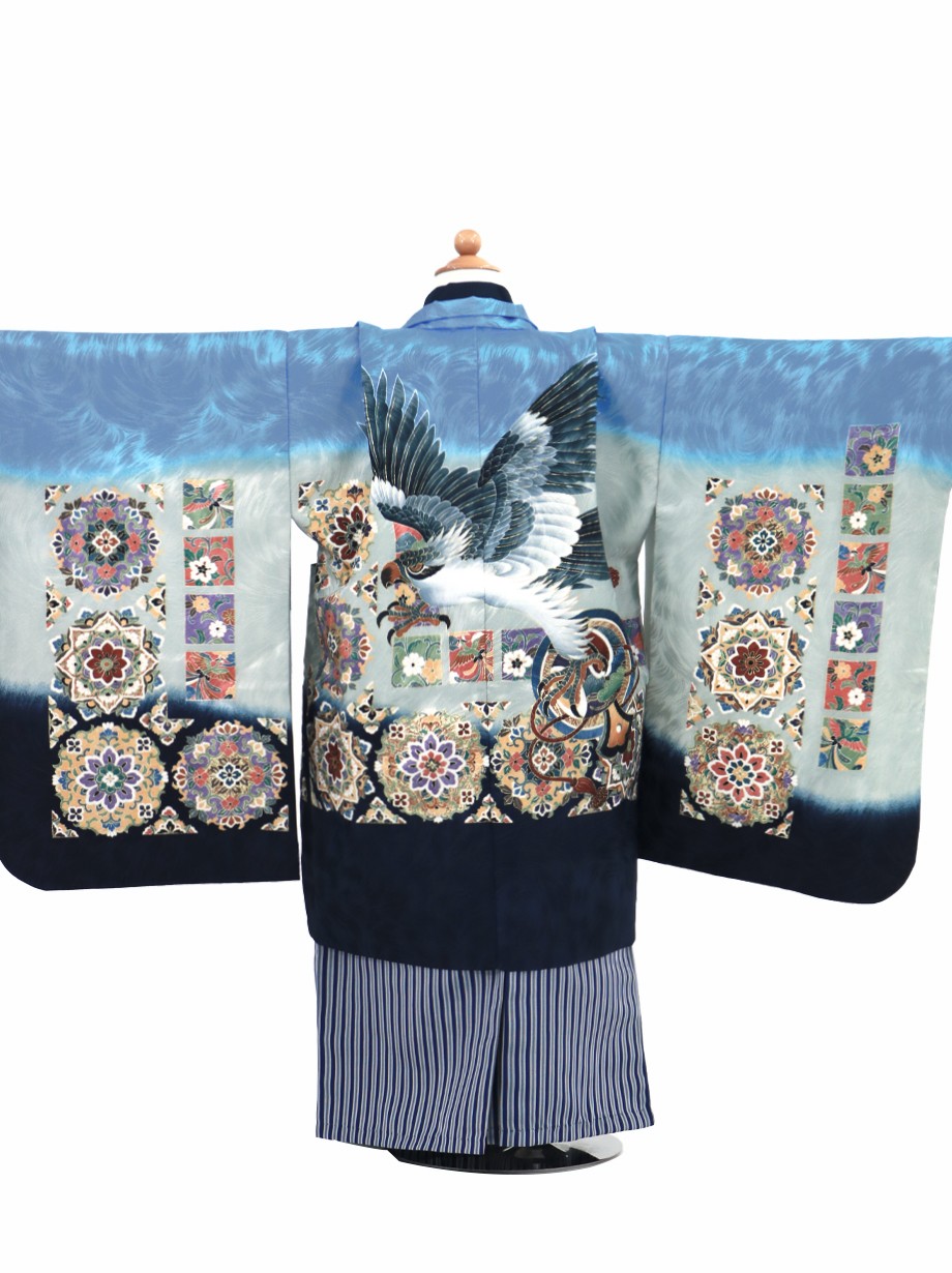 七五三五歳‼️豪華絢爛 grey上質上品‼️縞袴とも似合ってます 七五三(5歳男袴)X523【正絹】グレー辻が花鷹×ベージュ | 着物