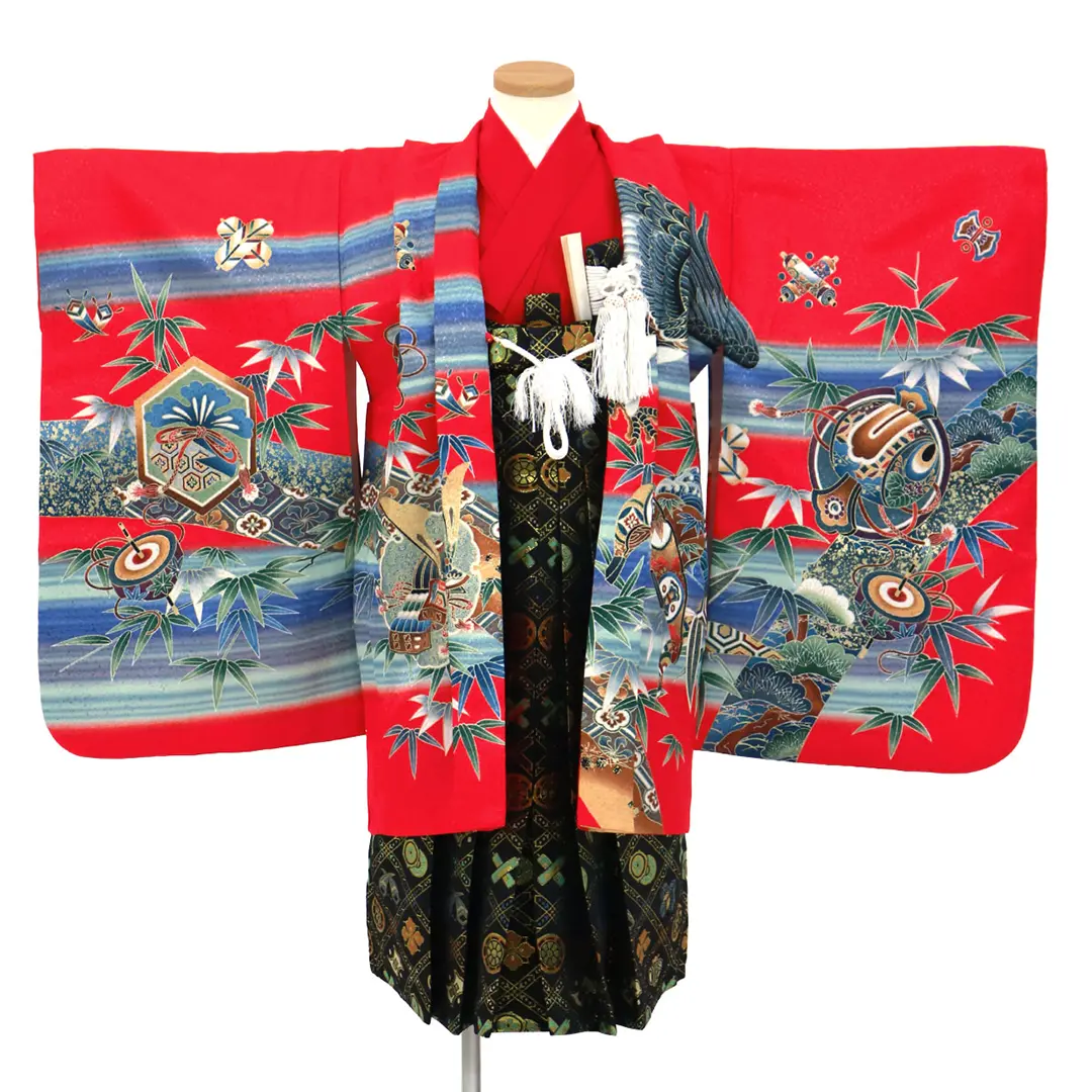 男の子】 着物 袴 9点セット 七五三 鷹 模様 吉祥紋様金彩入り 日本製
