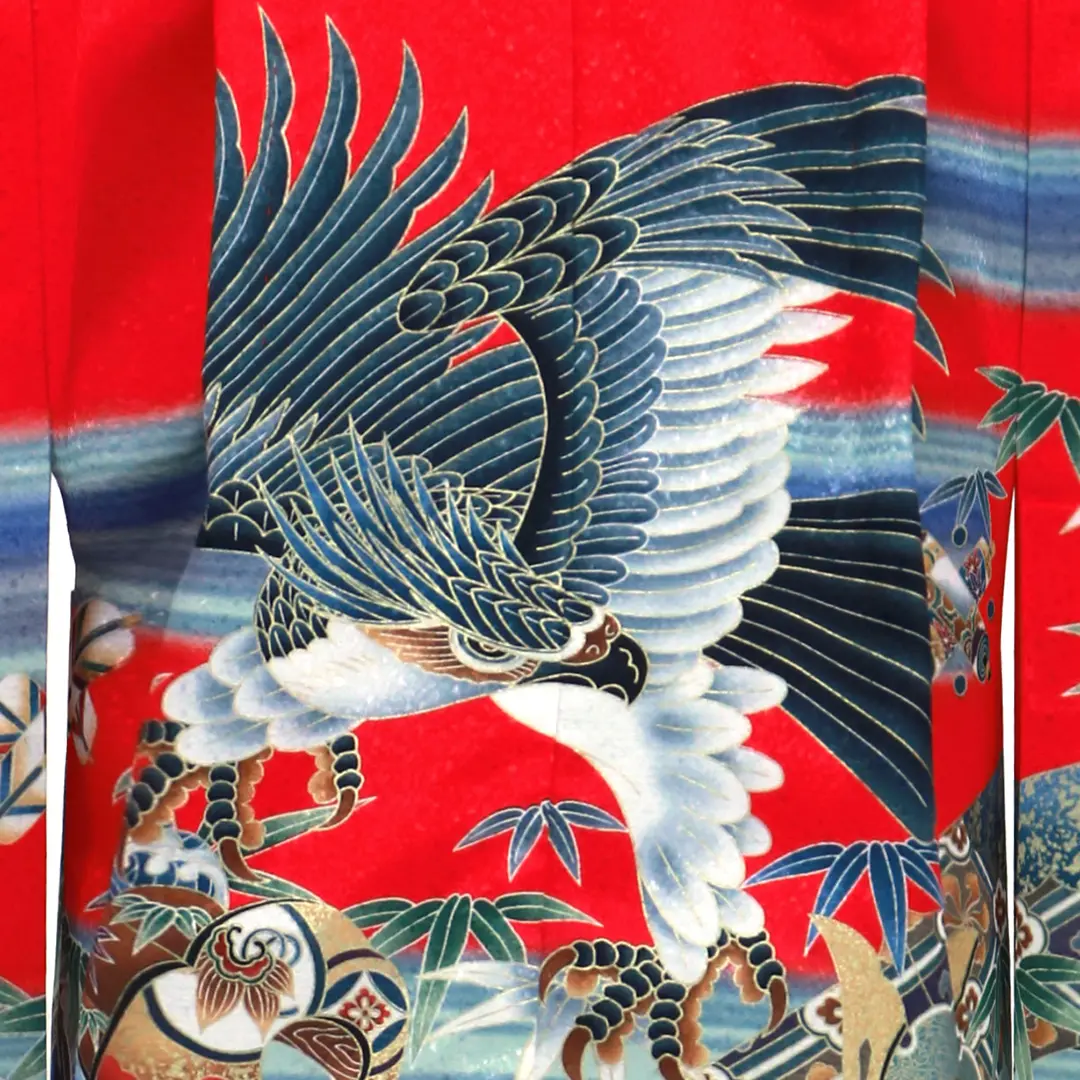 赤地に鷹と吉祥文、黒の袴／七五三・五歳男の子・袴 | 宅配着物