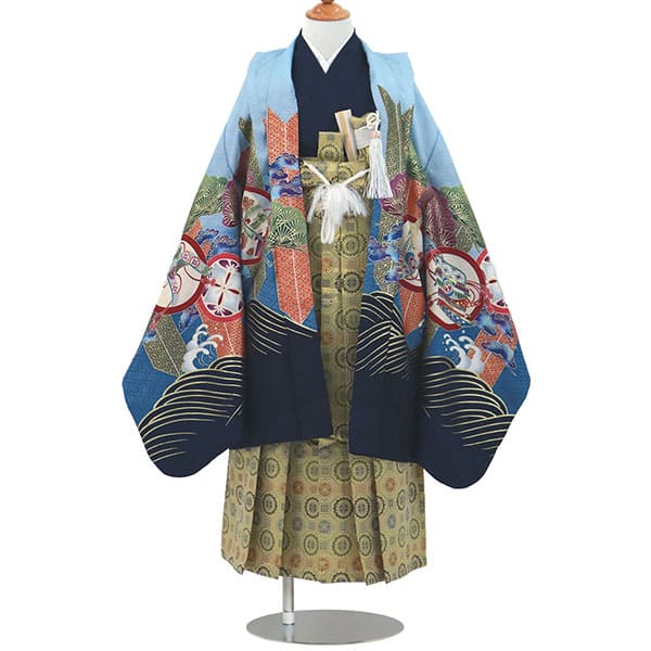 水色地に鷹と矢羽、金襴の袴／七五三・五歳男の子・袴 | 宅配着物