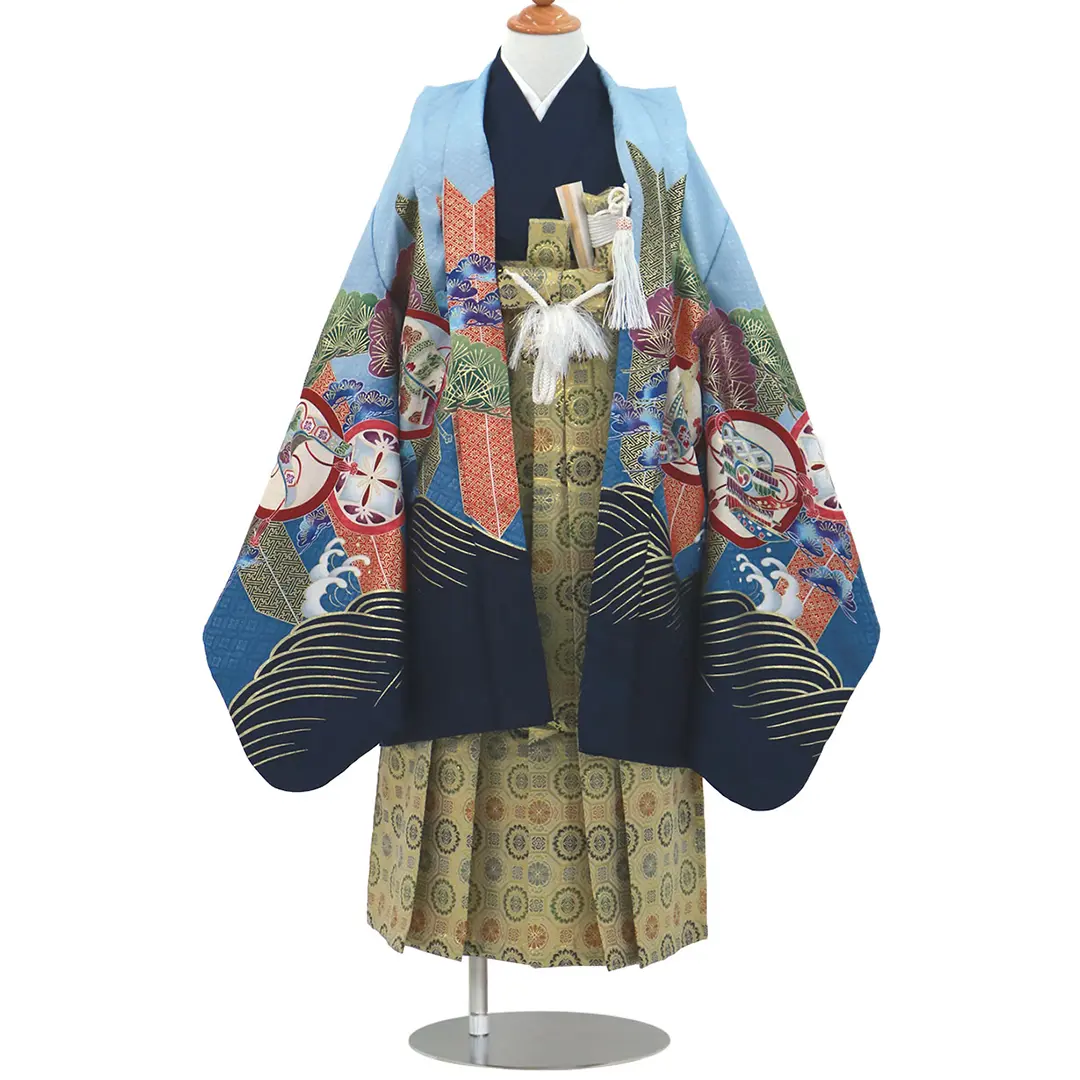 水色地に鷹と矢羽、金襴の袴／七五三・五歳男の子・袴 | 宅配