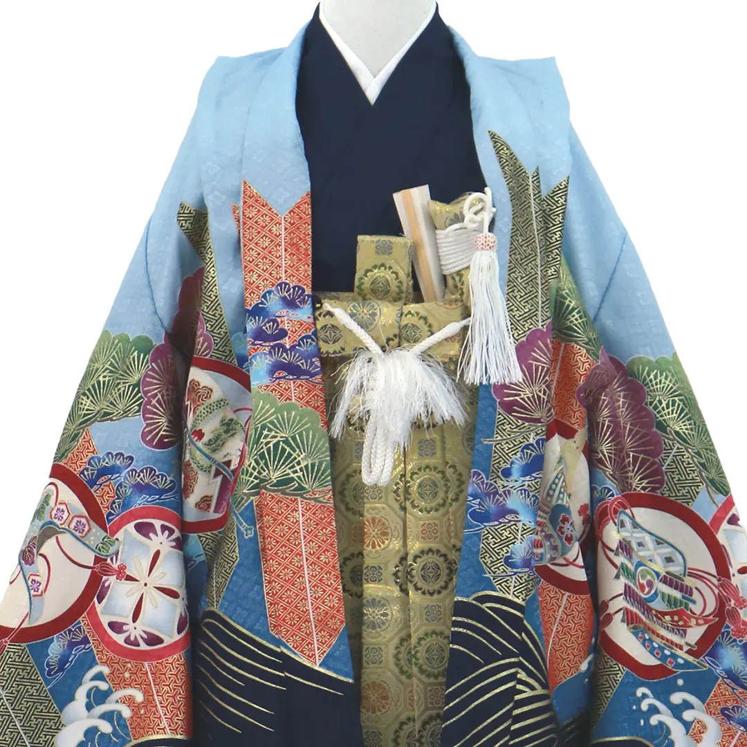 水色地に鷹と矢羽、金襴の袴／七五三・五歳男の子・袴 | 宅配着物