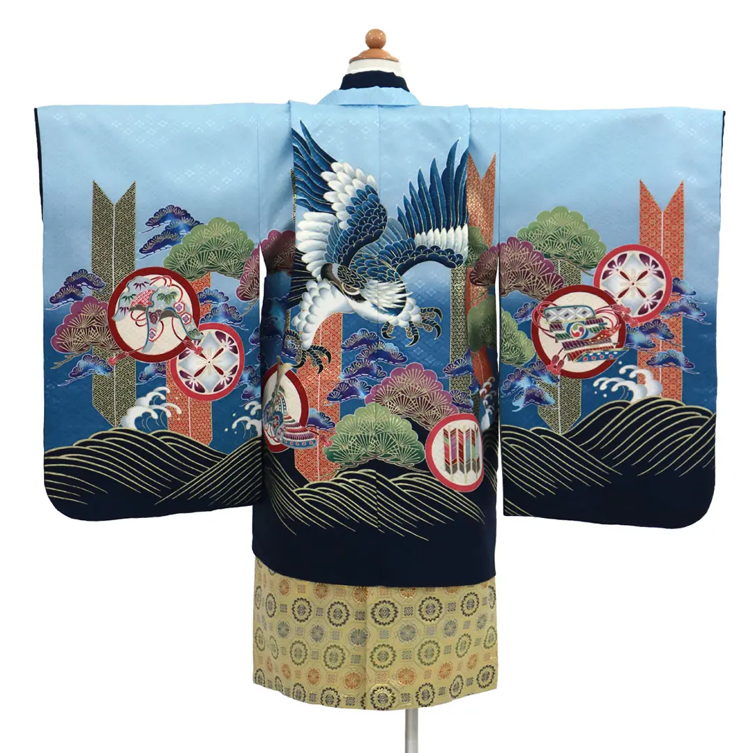 水色地に鷹と矢羽、金襴の袴／七五三・五歳男の子・袴 | 宅配着物