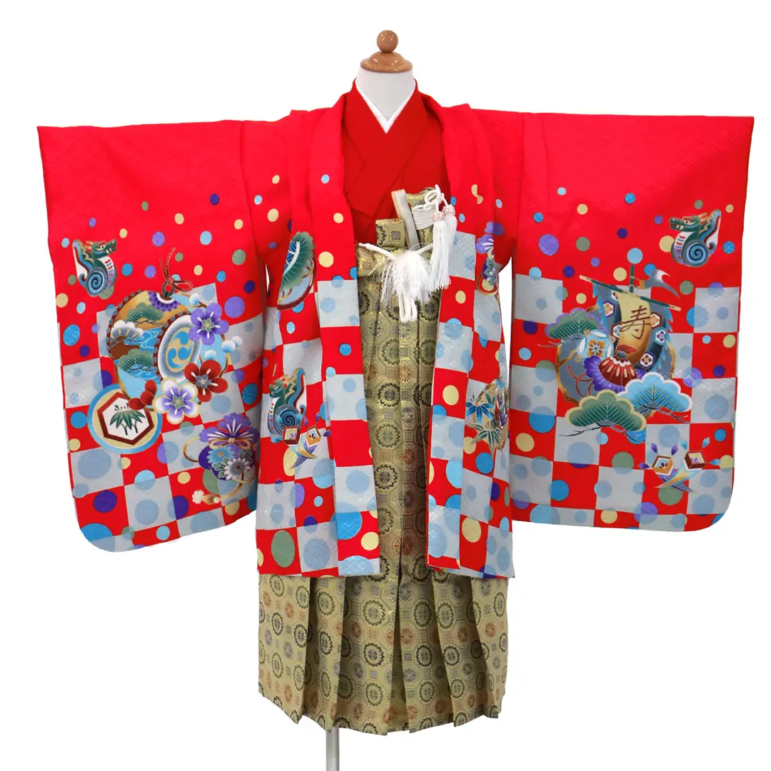 市松の赤地に兜、金襴の袴／七五三・五歳男の子・袴 | 宅配着物