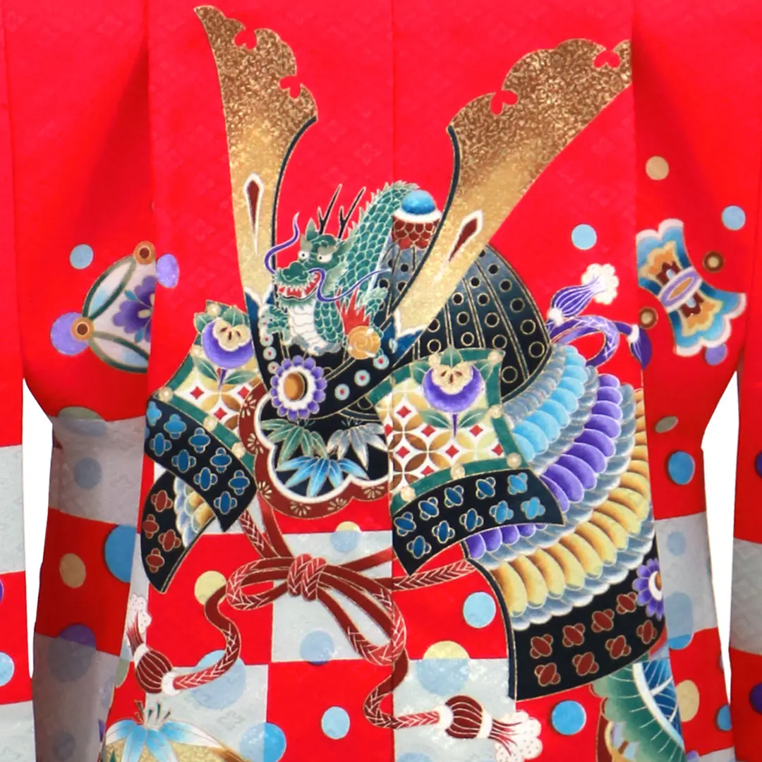 市松の赤地に兜、金襴の袴／七五三・五歳男の子・袴 | 宅配着物