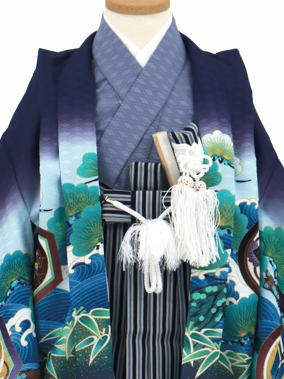 七五三5歳 着物と袴のセット 黒 鷹と宝船 紺地に鷹と